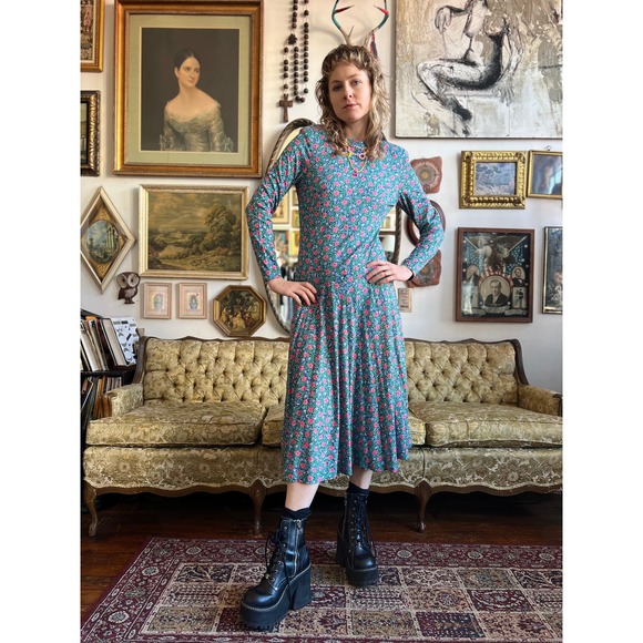 Vintage Blue Floral All over Print Long Sleeve Maxi Dress Size Small - Picture 6 of 9